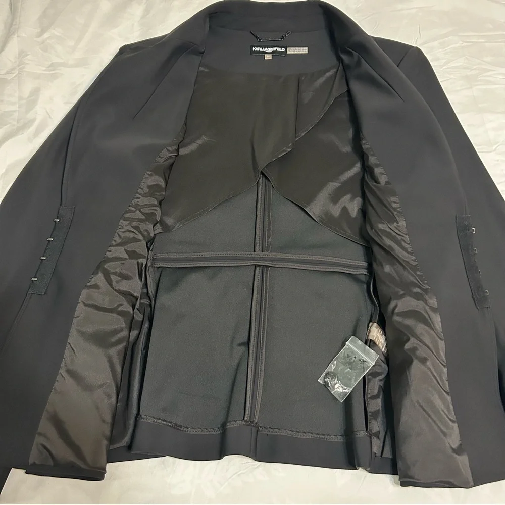 Karl Lagerfeld Corset Waist Blazer Womens 12 Black Hook and Eye Fitted Business - Picture 7 of 11